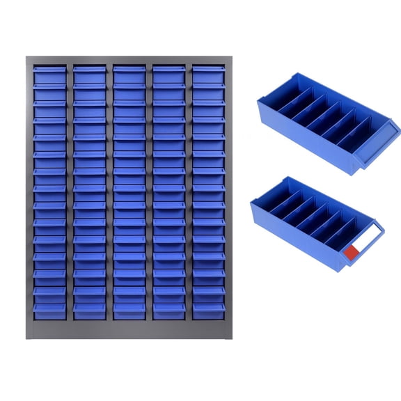 75 Drawer Parts Organizer Cabinet, Heavy Duty Steel Frame with Blue Plastic Bins, Multi-Grid Storage Unit with Removable Dividers & Label Slots for Workshop, Garage, Warehouse & Auto Repair Shop