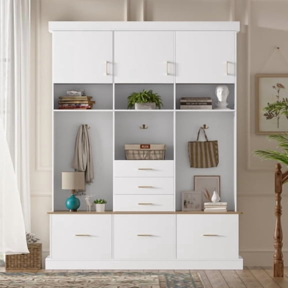 75" Entryway Hall Tree with Bench & Storage, 5-in-1 Hall Tree with Coat Rack, 6 Drawers, 3 Cabinets, 3-Tier Shelves & Coat Hooks, Mudroom Storage Organizer for Entryway, Hallway, White