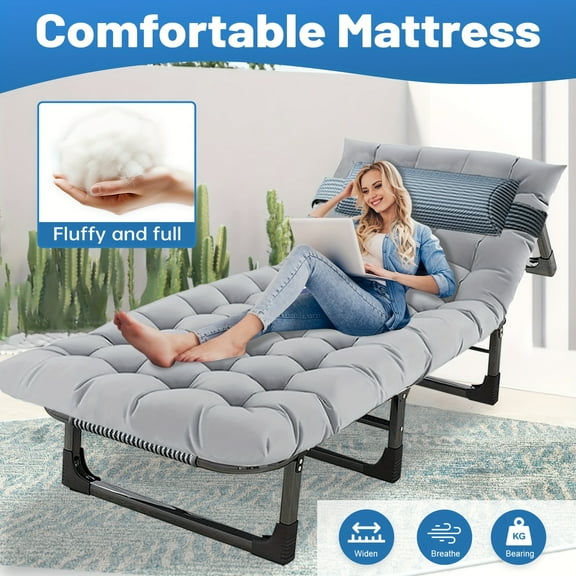 75" Extra-Large Folding Camping Bed - Adjustable with Mattress & Pillow | Portable for Travel, RV, Pool & Home | Durable Frame