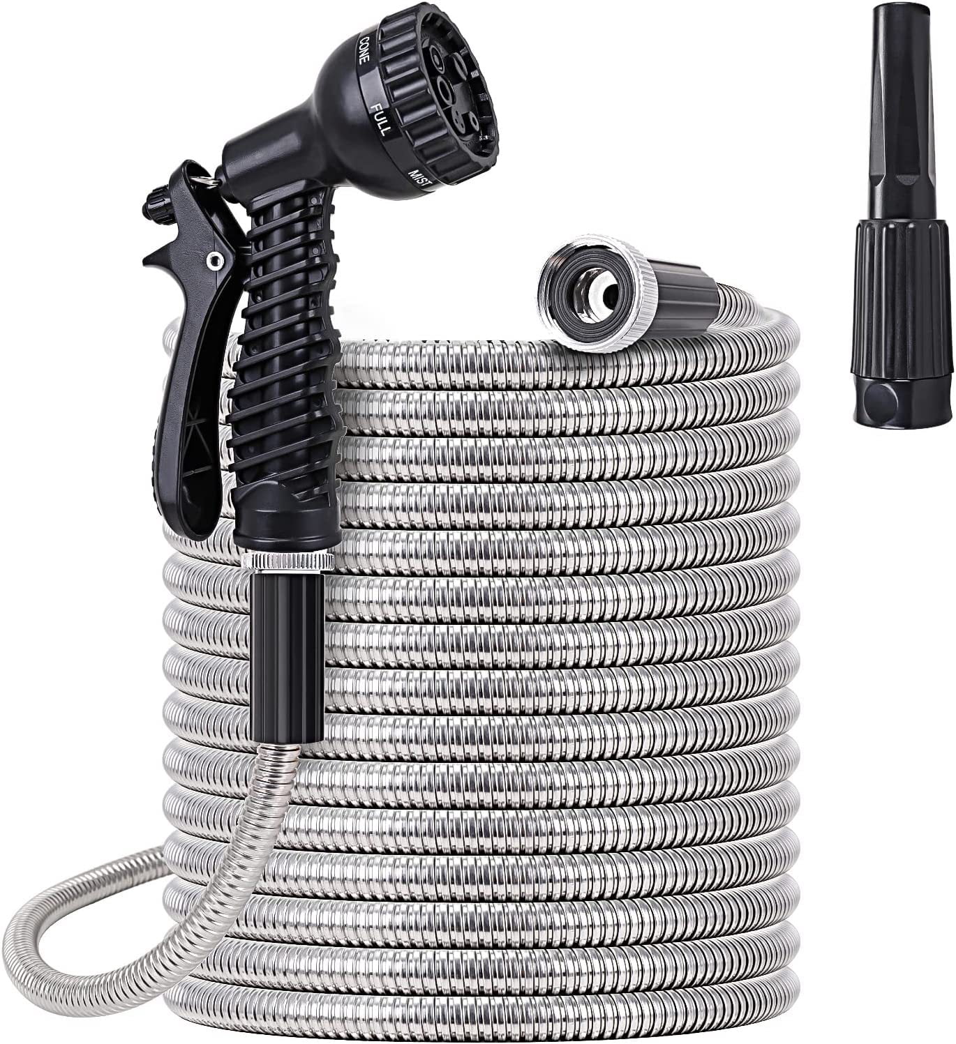 75 FT Garden Hose ,304 Stainless Steel Heavy Duty Water Hose with 7 Function Nozzles No-Kink Rust Proof for Yard Outdoor