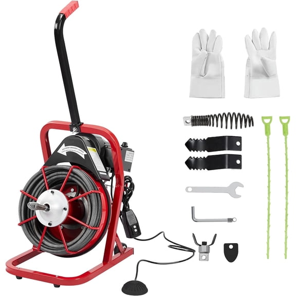 75 FT x 1/2 Inch Portable Drain Snake with 370w Motor, Snake Drain Hair Removal Tool with 8 accessories and Pneumatic Foot Switch, Drain Snake Hair Drain Clog Remover Fit 1 Inch to 4 Inch Pipes