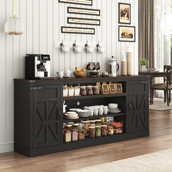 75" Farmhouse Coffee Bar Cabinet with Charging Station, Large Sideboard Buffet with Storage, Wood Storage Credenza with Adjustable Shelves for Kitchen, Living Room