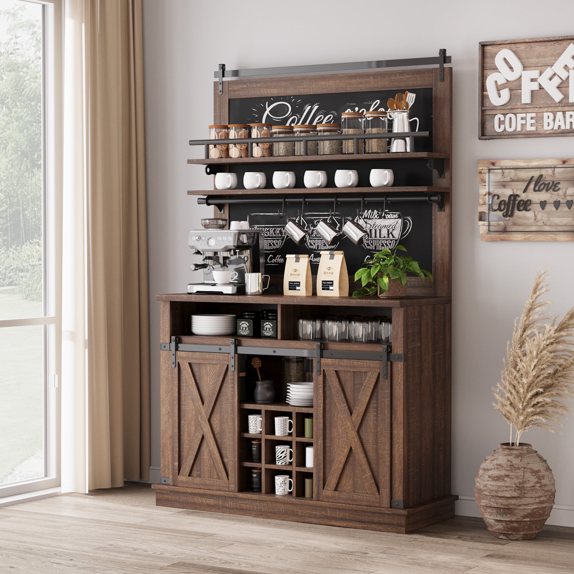 75" Farmhouse Coffee Bar Cabinet with Sliding Barn Doors, Storage ...