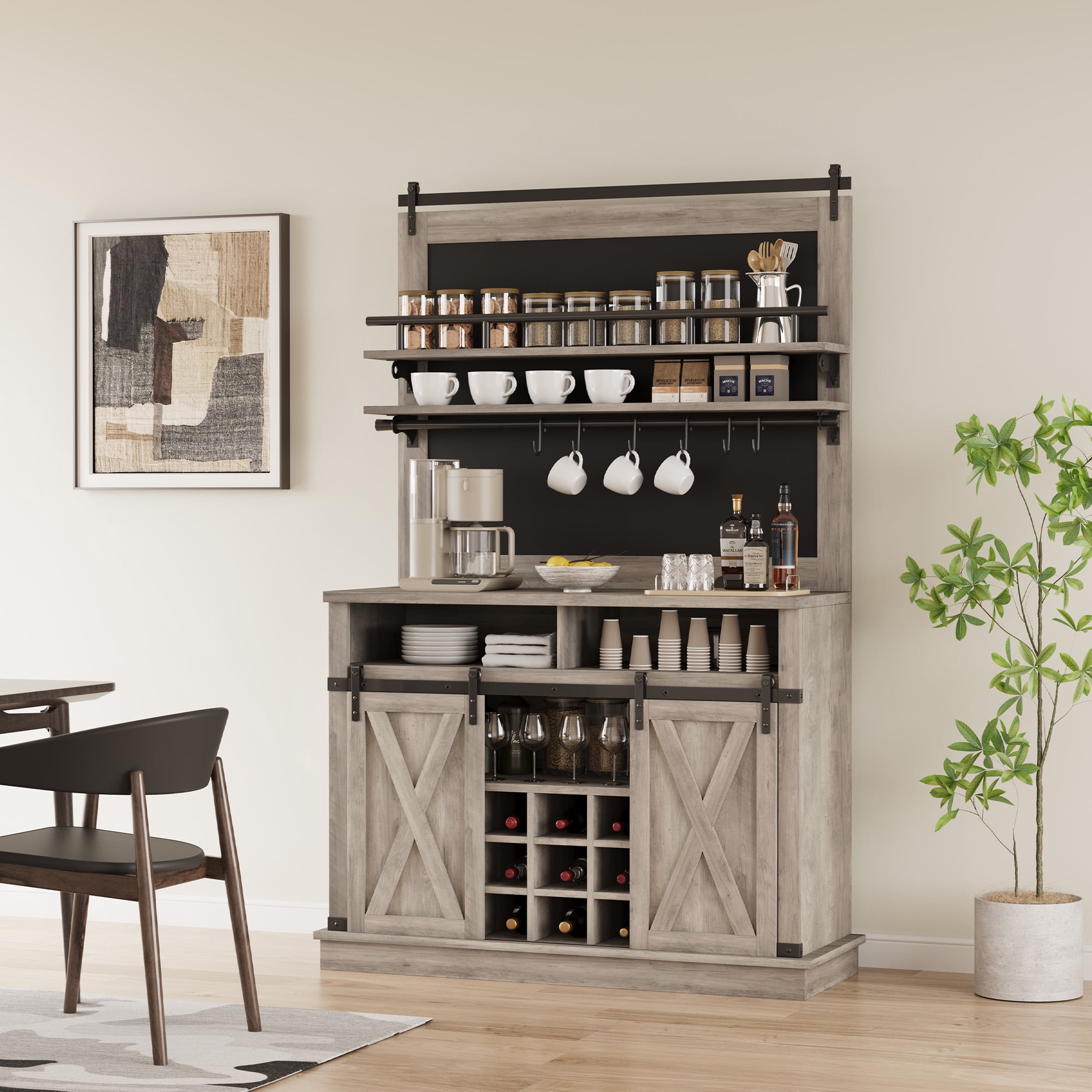 75" Farmhouse Coffee Bar Cabinet with Sliding Barn Doors, Storage ...