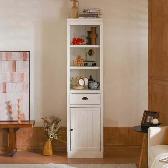 75'' Farmhouse Retro 5-Tier Bookcase with File Drawer & Cabinet - P2 MDF Storage Shelf for Living Room, Office, Kitchen - White