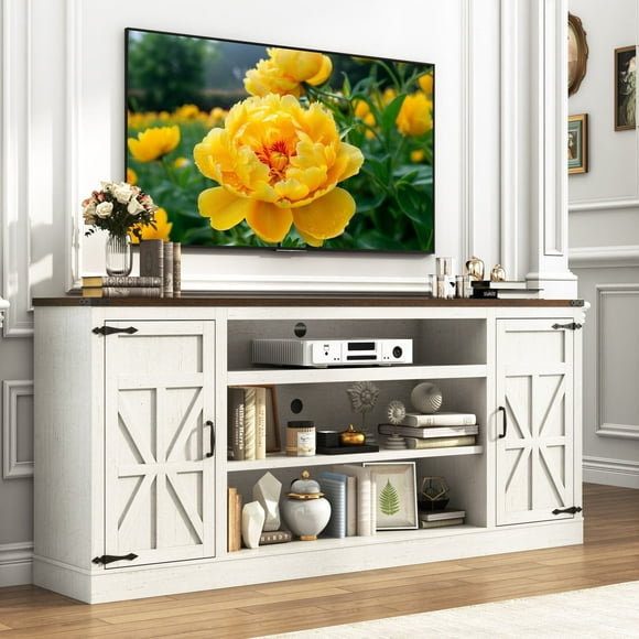 75" Farmhouse TV Stand for 75 80 85 Inch TVs, 33" Tall Highboy Entertainment Center w/Outles USB Ports, Rustic Media Console w/Storage Shelves, Wood Television Stand for Living Room