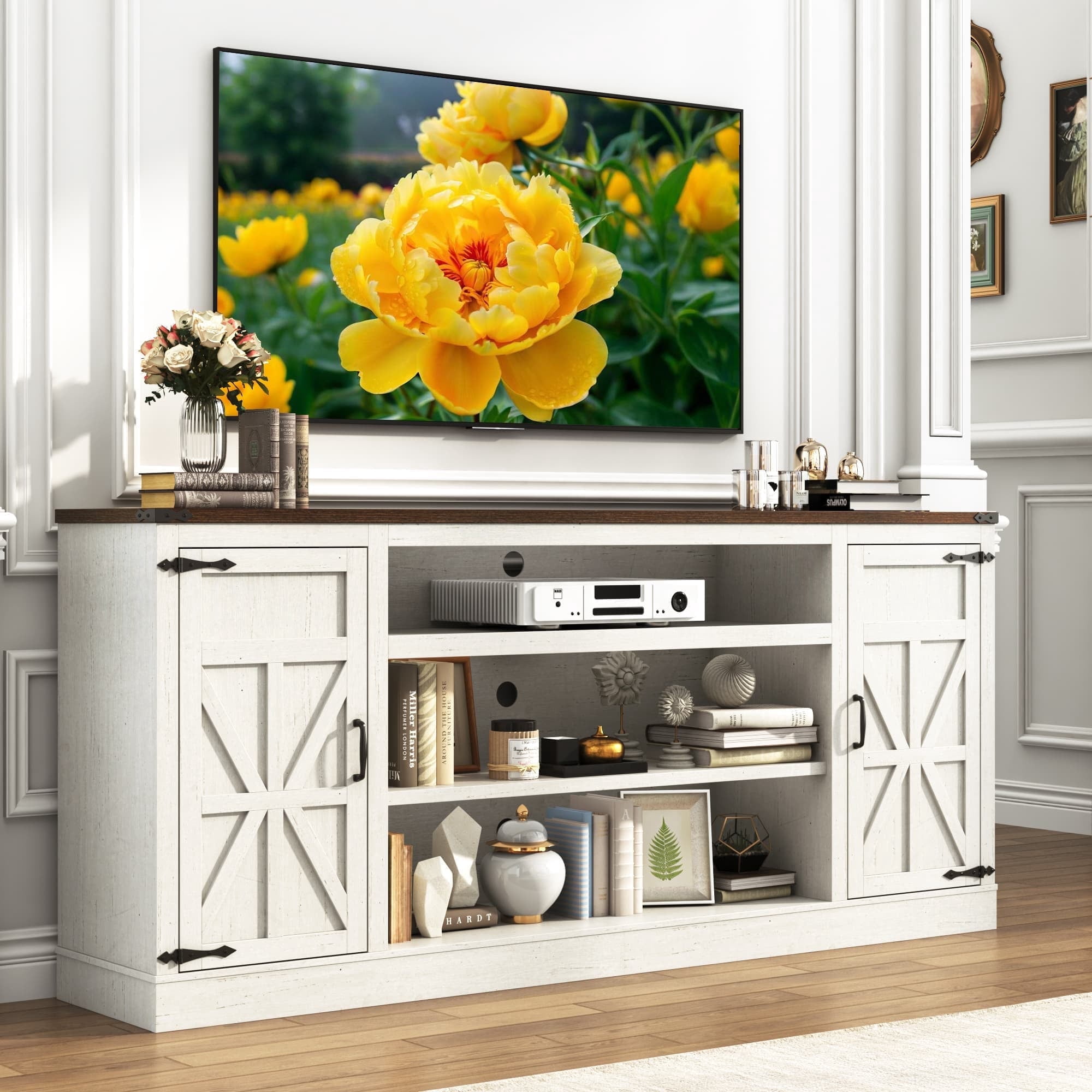 Blotout, Farmhouse TV Stand, 75 inch, Rustic White/Brown/Black