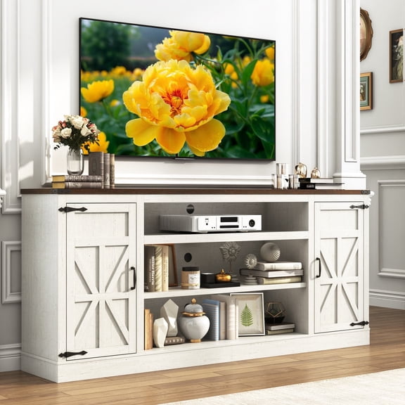 75" Farmhouse TV Stand for 75 80 85 Inch TVs, 33" Tall Highboy Entertainment Center w/Outles USB Ports, Rustic Media Console w/Storage Shelves, Wood Television Stand for Living Room