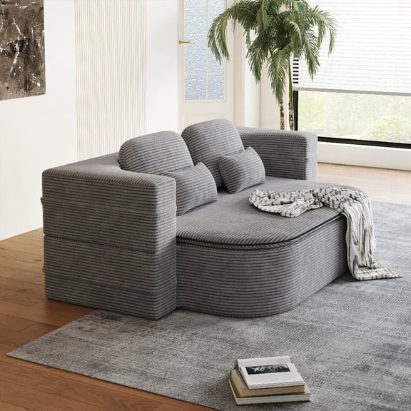 75''Floor Sofa - Convertible Sleeper Foam Bed in Corduroy - Multi-Functional Blanket Included
