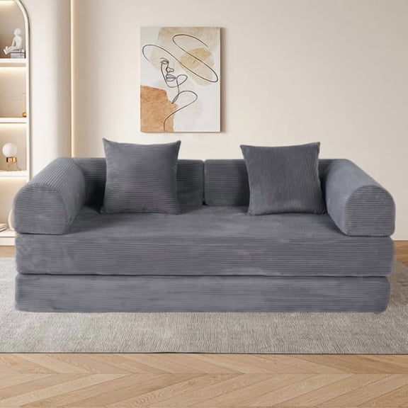 75" Foldable Faux Fur Convertible Sofa Bed, Adjustable Fabric Pull-Out Sleeper Sofa with Modular Design, Queen Size Fabric Pull-Out Sofa Bed with Memory Foam for living room apartment, Grey Ash