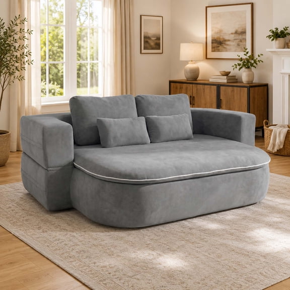 CAPCAEK 75" Convertible Sofa Bed, Chenille Floor Couch with Blanket and 4 Pillows for Living Room, Gray