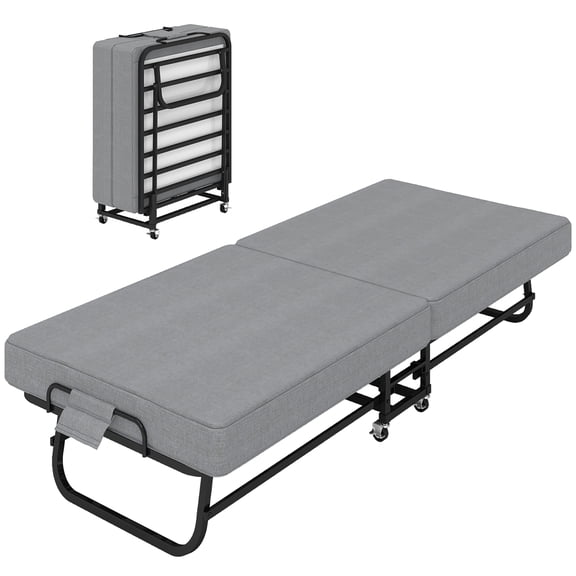 75" Folding Guest Bed with Memory Foam Mattress, Reinforced Steel Frame Supports 450 lbs, 4 Lockable Wheels, Portable Space-Saving Fold-up Bed for Small Apartments, Guest Rooms