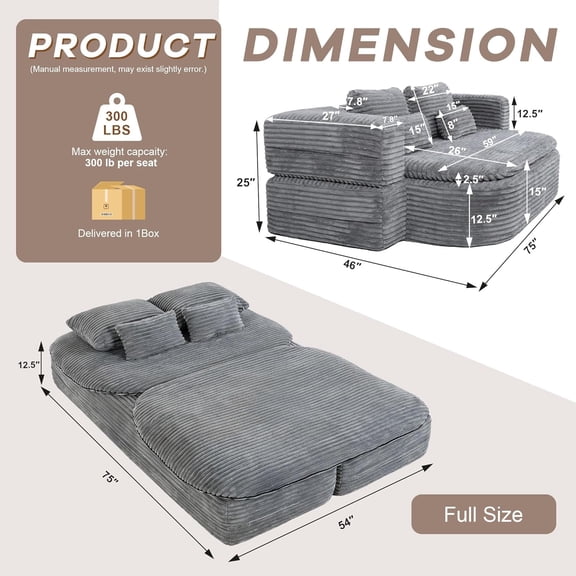 75'' Folding Sleeper Sofa Bed, Convertible Memory Foam Boneless Couch with Pillows