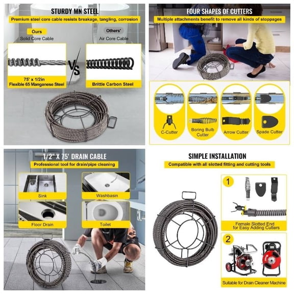 75-Foot Heavy-Duty Solid Core Drain Auger for Clog Removal and Sewer Pipe Cleaning, 1/2-Inch Diameter Flexible Snake for Deep Blockages