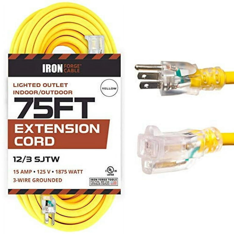 75 Foot Lighted Outdoor Extension Cord - 12/3 SJTW Heavy Duty Yellow Extension Cable with 3 Prong Grounded Plug for Safety, 15 Amp - Great for Garden