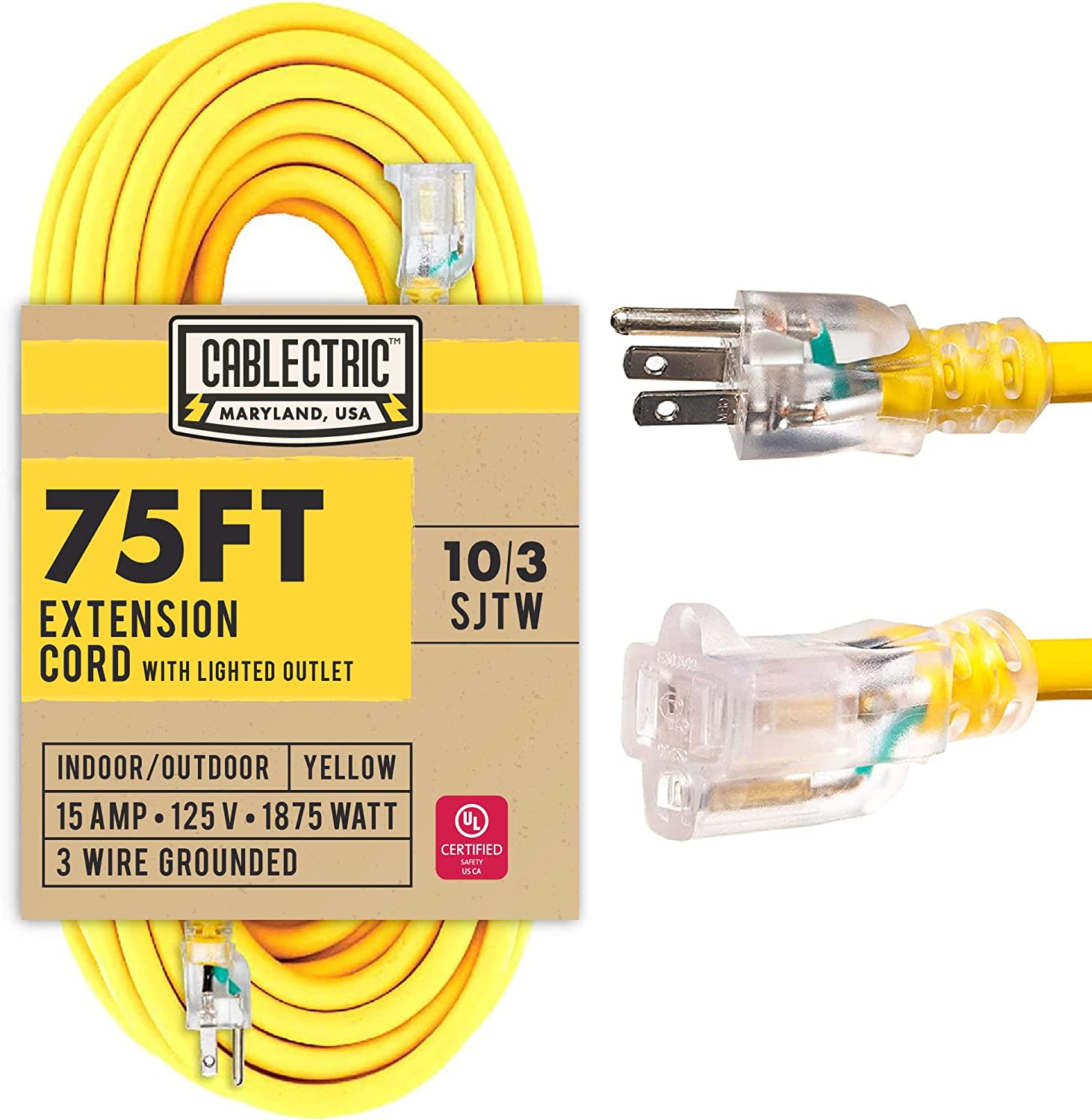 75 Ft Outdoor Extension Cord 10/3 SJTW Heavy Duty Yellow 10 Gauge