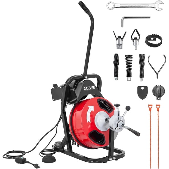 75 Ftx1/2In Drain Cleaner Machine Auto Feed Electric Sewer Auger for 2-4 In Pipes 250W Motor 4 Cutters Included