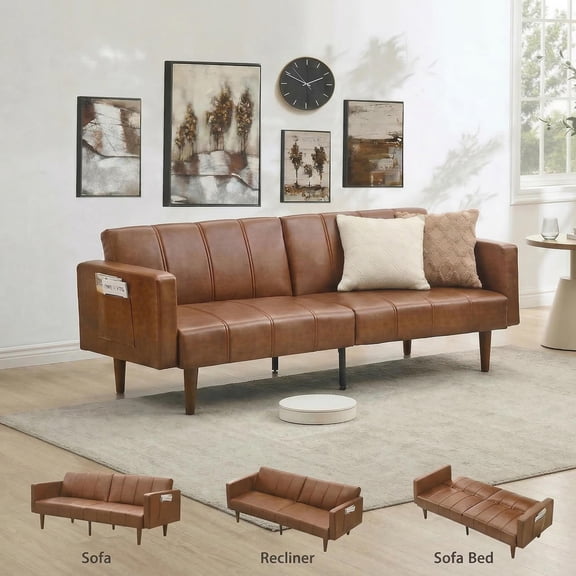 75" Futon Sofa Bed, Convertible Faux Leather Couch with Adjustable Backrest, Loveseat with Side Pockets for Living Room & Bedroom, Brown