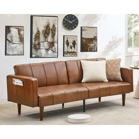 75" Futon Sofa Bed, Mid-Century Modern Futon Couch, Convertible Sleeper Sofa with Adjustable Backrest, Side Pocket, PU Leather Couch for Living Room, Brown