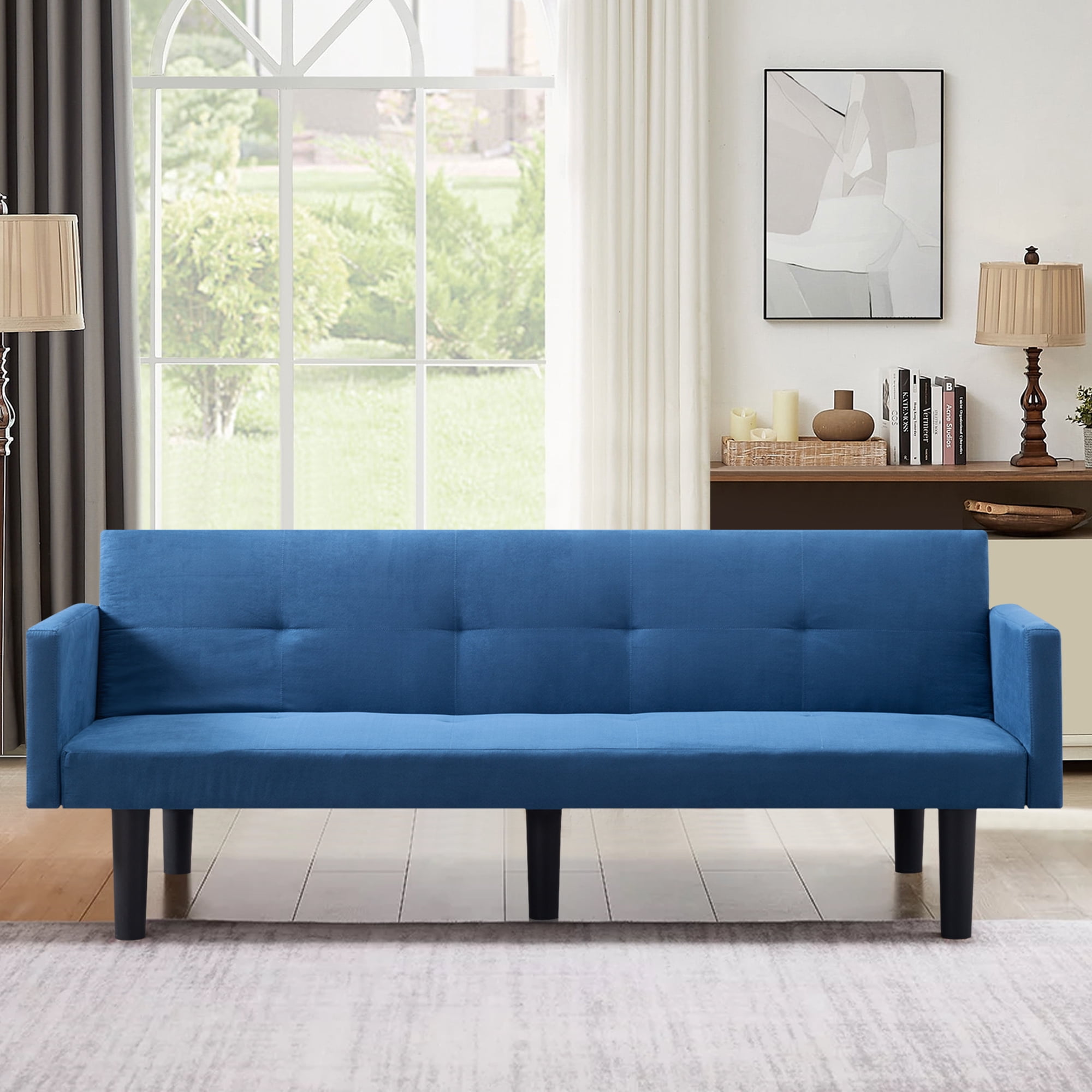 75" Futon Sofa Bed, Modern Faux Suede Convertible Futon Sofa Bed with