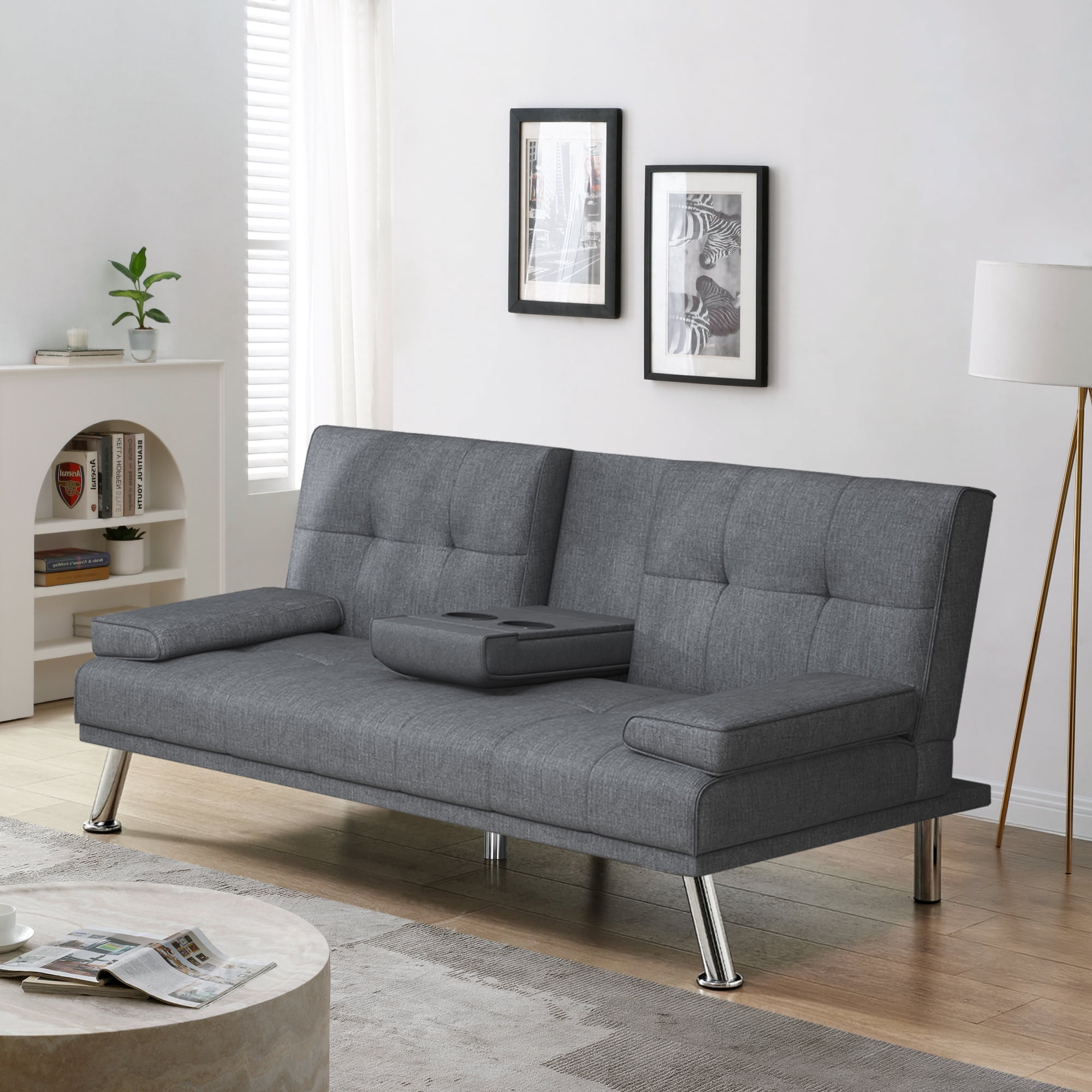 Futon Sofa Bed, Modern Faux Suede Convertible Futon Sofa Bed with Adjustable Back, Gray