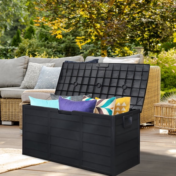 75 Gal Resin Large Deck Boxes, Patio Storage Cabinet, Waterproof Storage Container with Lid for Outside Furniture Cushions, Garden Tools & Kids' Toys, Black