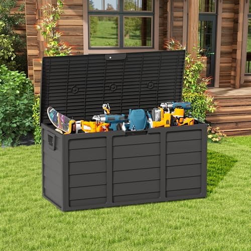 75 Gallon Deck Box - Outdoor Waterproof Storage with Lockable Lid, Heavy Duty Resin for  Furniture Cushions, UV & Weather Resistant (Black)$$Garden &