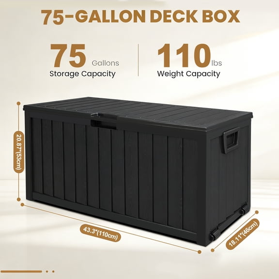 75-Gallon Large Deck Box, Outdoor Storage Chest with Locking Hole, Outdoor Storage Rack with Bottom Casters, Waterproof Outdoor Storage Container for Patio Furniture, Box