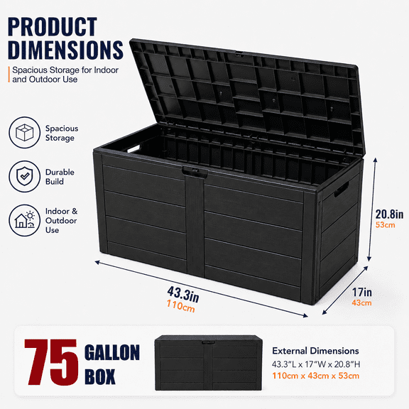 75-Gallon Large Deck Box, Outdoor Storage Chest with Locking Hole, Outdoor Storage Rack with Bottom Casters, Waterproof Outdoor Storage Container for Patio Furniture, Box