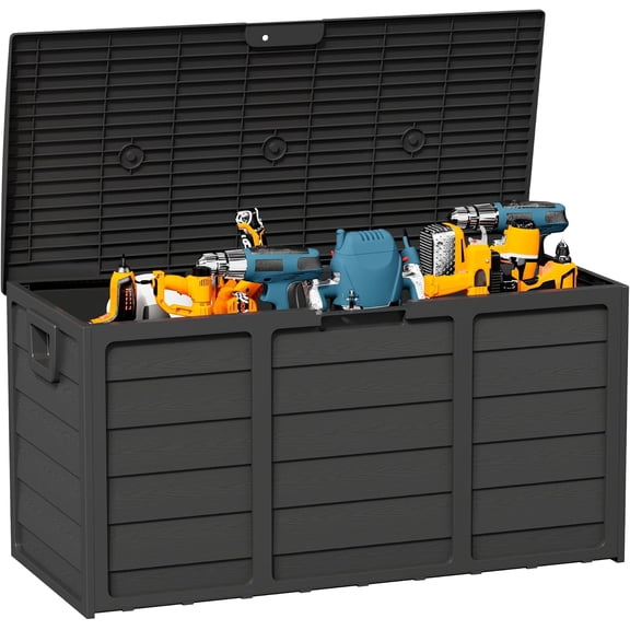 75 Gallon Outdoor Deck Storage Box - Heavy Duty Resin Container with Lockable Lid & Handles for Patio, Garden, Yard - Weatherproof (Black)