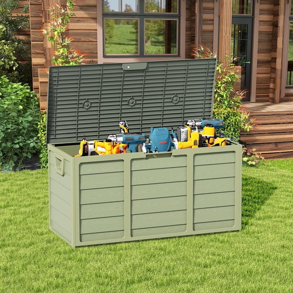 75 Gallon Outdoor Deck Storage Box - Heavy Duty Resin Container with Lockable Lid & Handles for Patio, Garden, Yard - Weatherproof (Green)