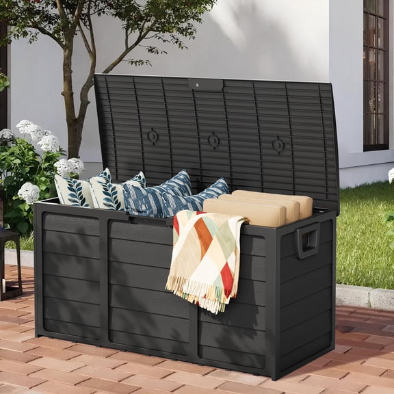 75 Gallon Outdoor Deck Storage Box – Heavy Duty Resin with Lockable Lid,UV Resistant for Patio Furniture, Garden Tools,Black