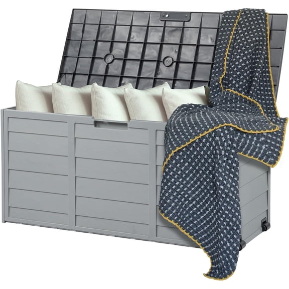 75 Gallon Outdoor Storage Box, Patio Deck Box Furniture with Rolling Wheels, Plastic Storage Containers with Lockable Design,(Grey body, Black Lib)