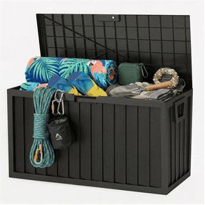 75 Gallon Outdoor Storage Box, Waterproof Lockable Deck Box, Heavy Duty Patio Cushion Storage Bin with Wheels & Seat, Resin Outdoor Storage for Garden Tools, Pool & Backyard – Black