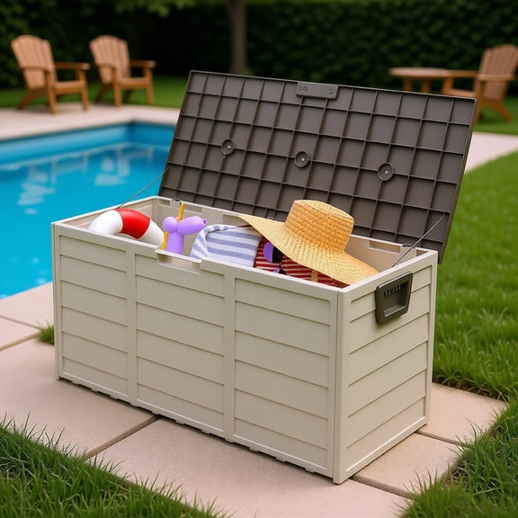 75 Gallon Outdoor Storage Deck Box 260L Weatherproof Plastic Chest with Wheels Lockable Lid Moulded Handles for Garden Patio Backyard Cushions Tools Toys Pool Accessories Organizer Brown