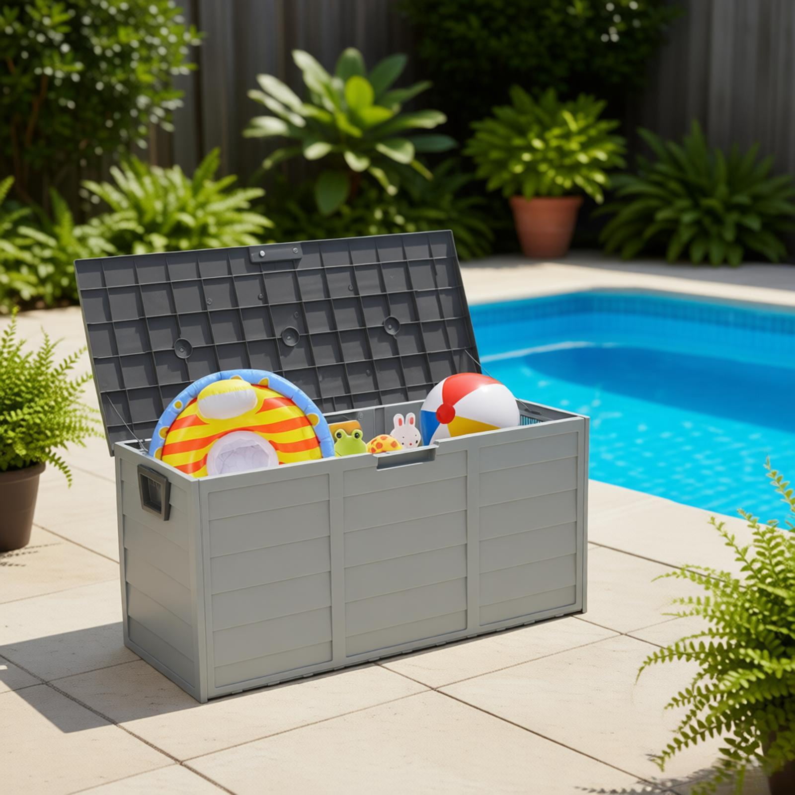 Weatherproof Desk Pool 75 Gallon Outdoor Storage Deck Box 260L Weatherproof Plastic Chest with ...