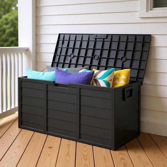75 Gallon Outdoor Storage Deck Box 280L Weatherproof Plastic Chest with Wheels Lockable Lid Moulded Handles for Garden Patio Backyard Cushions Tools Toys Pool Accessories Organizer Black