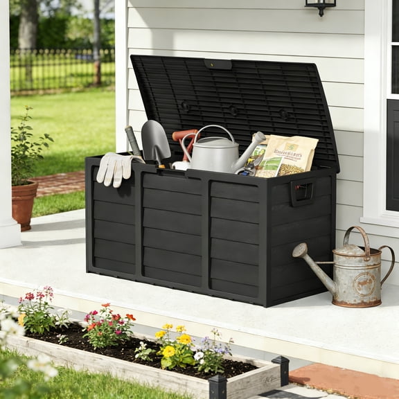 75 Gallon Resin Deck Box, Lockable Patio Outdoor Storage Box for Furniture, Garden Tools and Tools Storage, Outside Storage Boxes(Black)