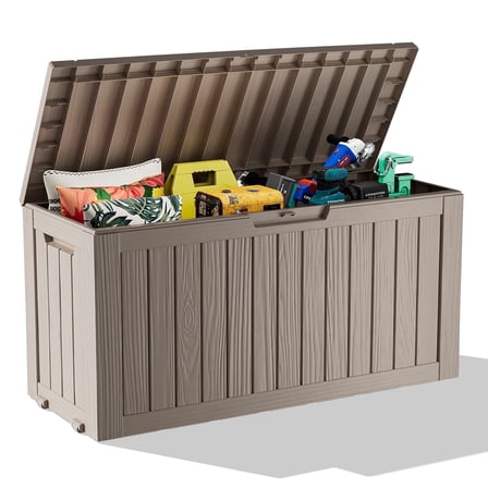 75 Gallon Resin Deck Box, Lockable Patio Outdoor Storage Box for Furniture, Garden Tools and Tools Storage, Waterproof Outside Storage Boxes