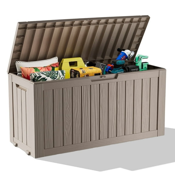 75 Gallon Resin Deck Box, Lockable Patio Outdoor Storage Box for Furniture, Garden Tools and Tools Storage, Waterproof Outside Storage Boxes