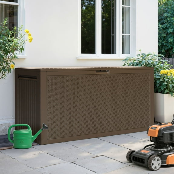 90 Gallon Resin Deck Box, Outdoor Lockable Storage Container for Patio Cushions, Garden Tools, Pool Supplies, Toys, Waterproof and UV Resistant, Brown