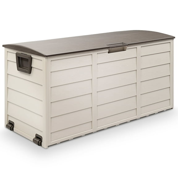 75 Gallon Resin Deck Box, SYNGAR Storage Chest on Wheels, Backyard Waterproof Storage Cabinet for Patio Furniture Cushions, Garden Tools, Kids' Toys, Beige