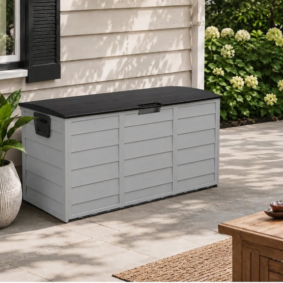 75 Gallon Resin Deck Box, Waterproof Outdoor Storage Box with Wheels, Lockable Lid and Handles, Large Deck Storage for Outdoor Gear, Patio Furniture Cushion, Gardening Tools
