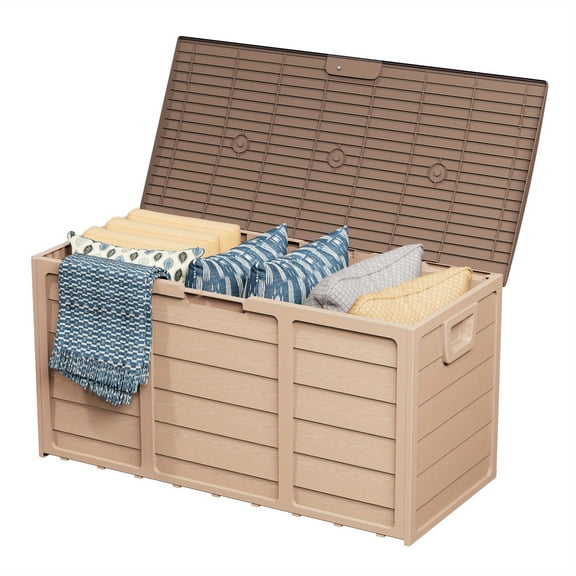 75 Gallon Resin Outdoor Storage Box with Handles, Deck Box with Handles for Pool Accessories, Garden Tools, Camping Gear, Holiday Gift, Easy to Assemble, Box,Cabinet,Rack for Outdoor Storage