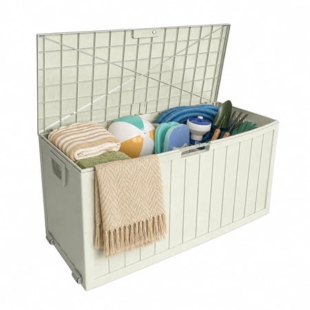 75-Gallon Waterproof Outdoor Storage Box,Lockable Deck Box,Large Plastic Storage Container for Garden Tools,Patio Furniture & Pool Accessories(BEIGE)