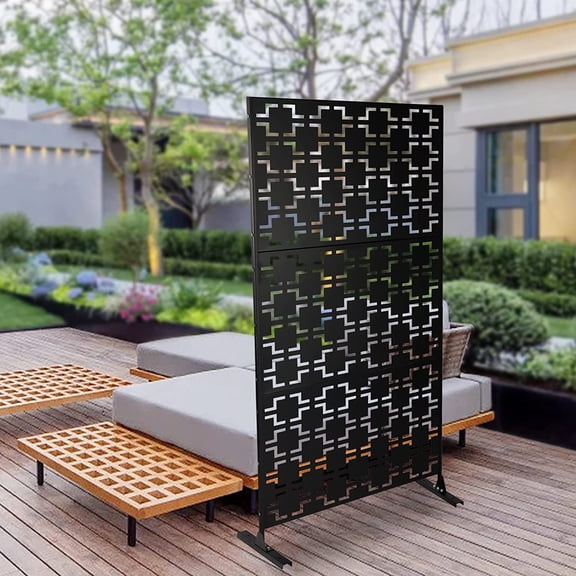 75" H×35" W Decorative Outdoor Privacy Screen with Stand, Black Metal Fence Panel for  Lawn Deck