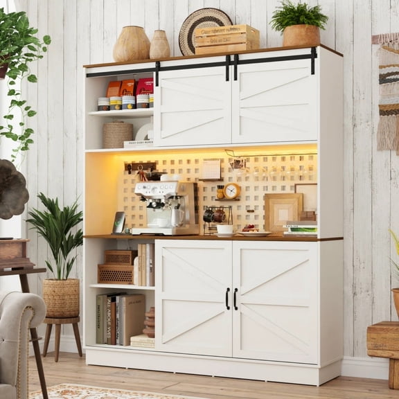 75"H 63"W Farmhouse Pantry Cabinet with Hutch & Power Outlet Pegboard, Large Kitchen Storage Cabinet with 4 Sliding Barn Door with Wine Glass Rack