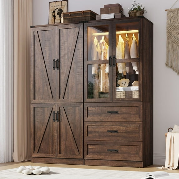 6 Door Armoire Wardrobe Closet for Bedroom with LED Lights & 3 Drawers, Farmhouse Closet Storage Cabinet Wardrobe Set with Hanging Rods