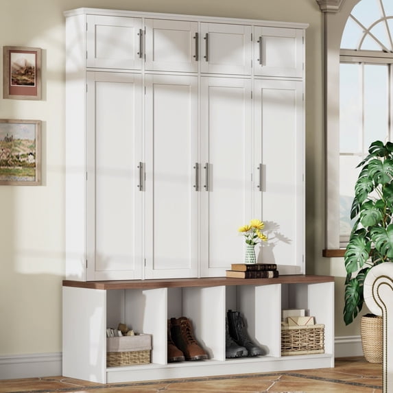 75"H Farmhouse Hall Tree with Bench and Shoe Storage, 4-in-1 Entryway Bench with Coat Rack, 4 Hooks and 8 Doors for Mudroom Hallway, White
