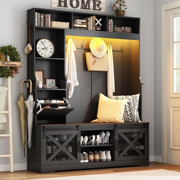 75''H LED Farmhouse Hall Tree with Bench and Shoe Storage,Entryway Bench with Coat Rack,16 Shoe Cubbies & Umbrella Holder and Sock Storage Drawer,Mudroom/Hallway Storages Cabinet(black)